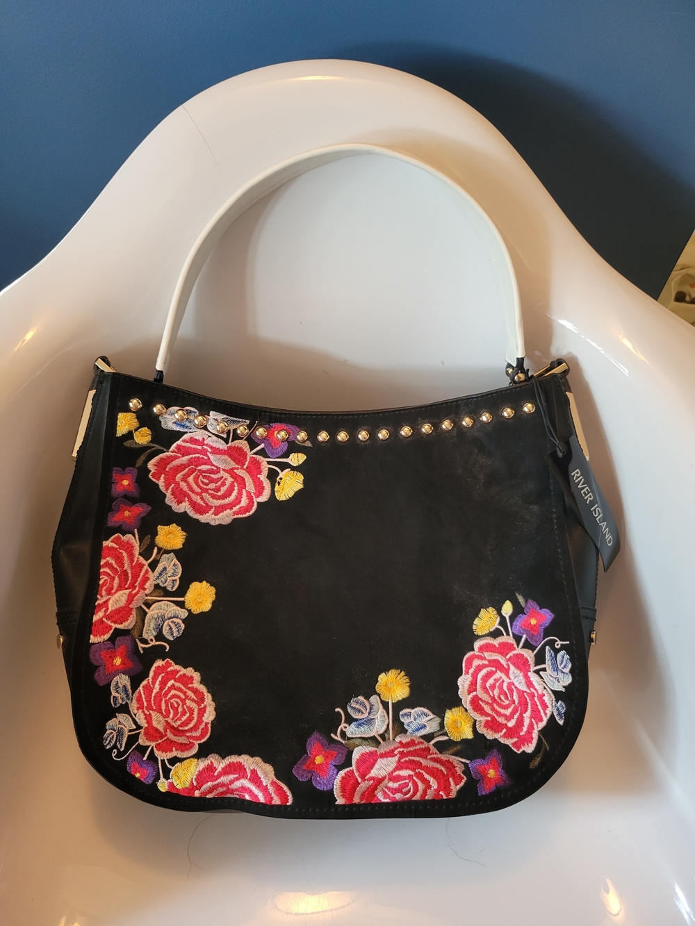 NWT River Island Black Suede Floral Embroidered Shoulder Bag